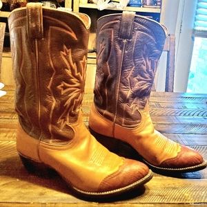 Vintage Tony Lama womens Two Tone Lizard Toe Leather Cowboy Boots Size 7 EE